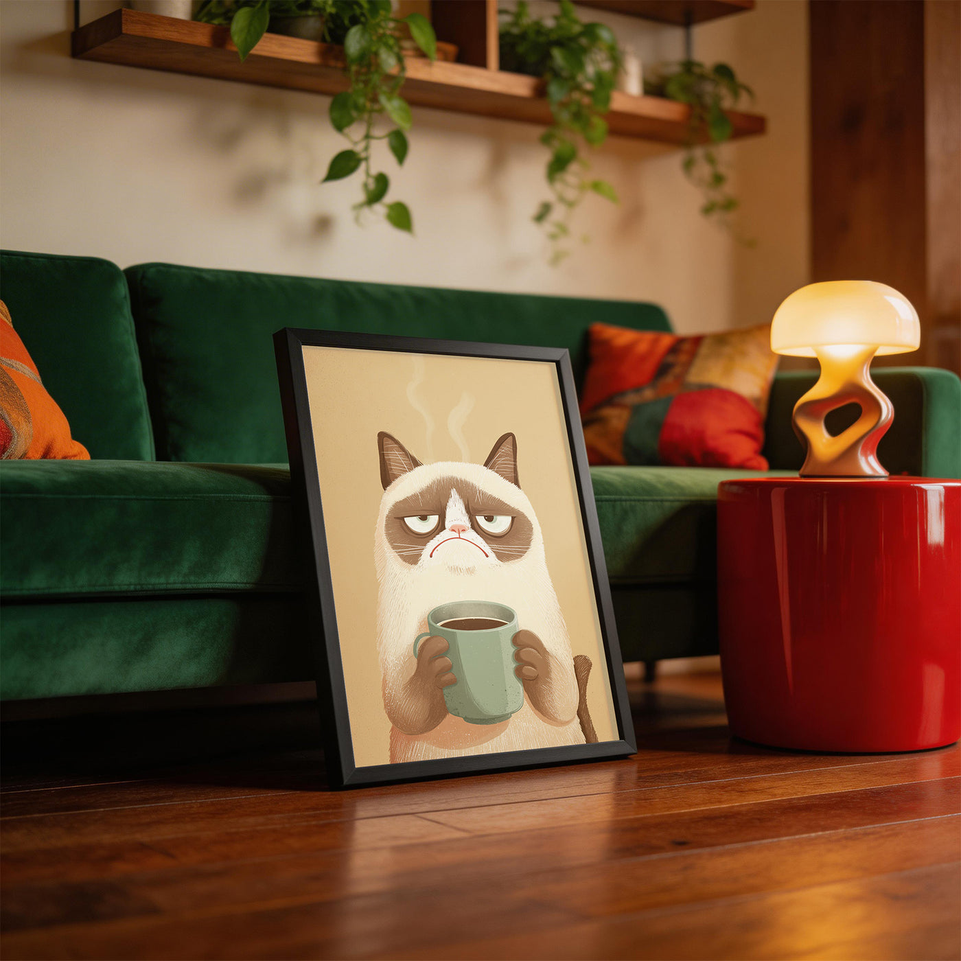 Grumpy Coffee framed on a wall