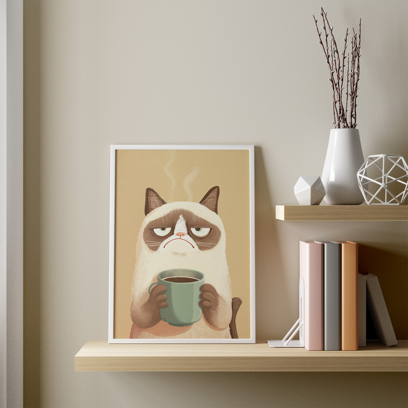 Grumpy Coffee framed in a room