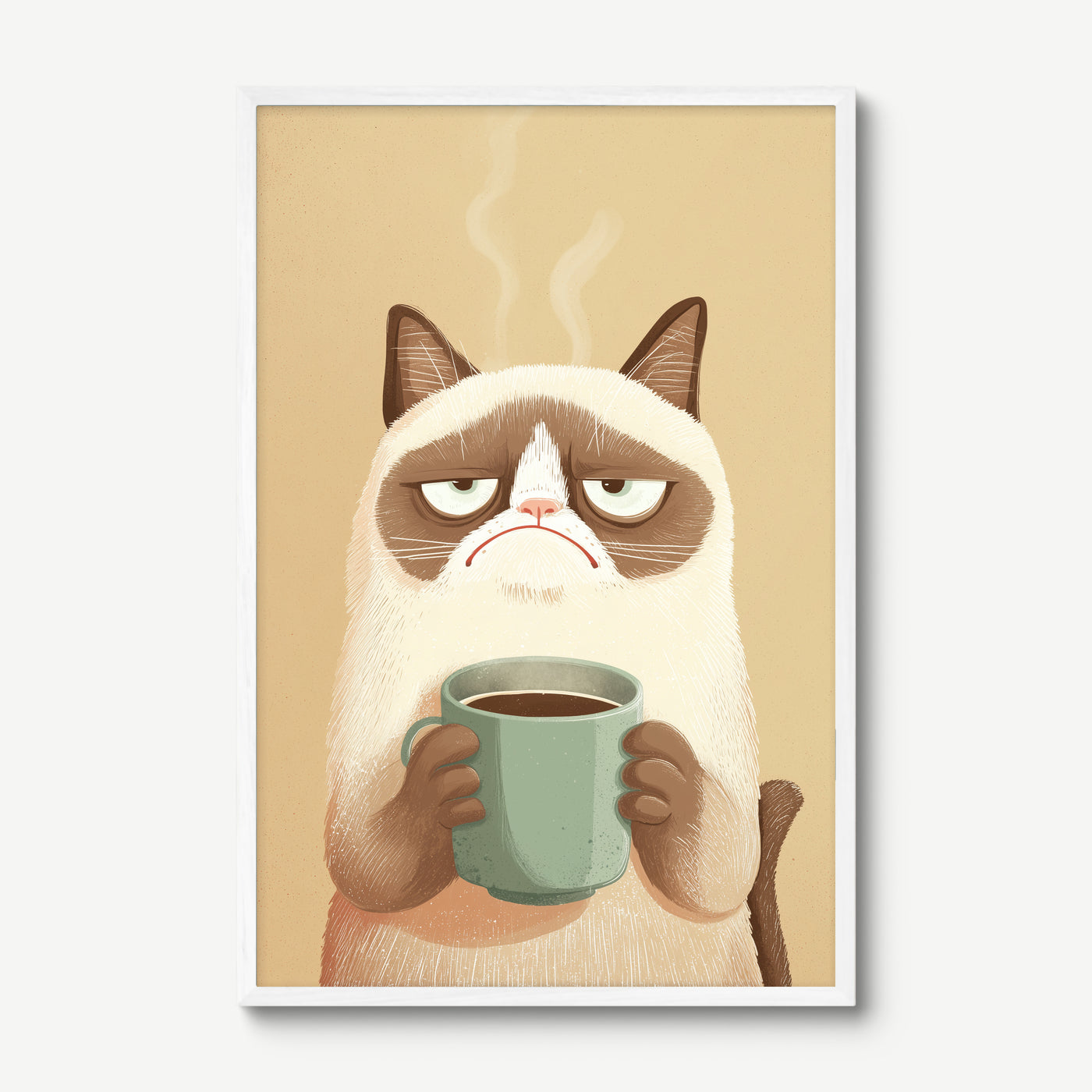 Grumpy Coffee art print in a white frame