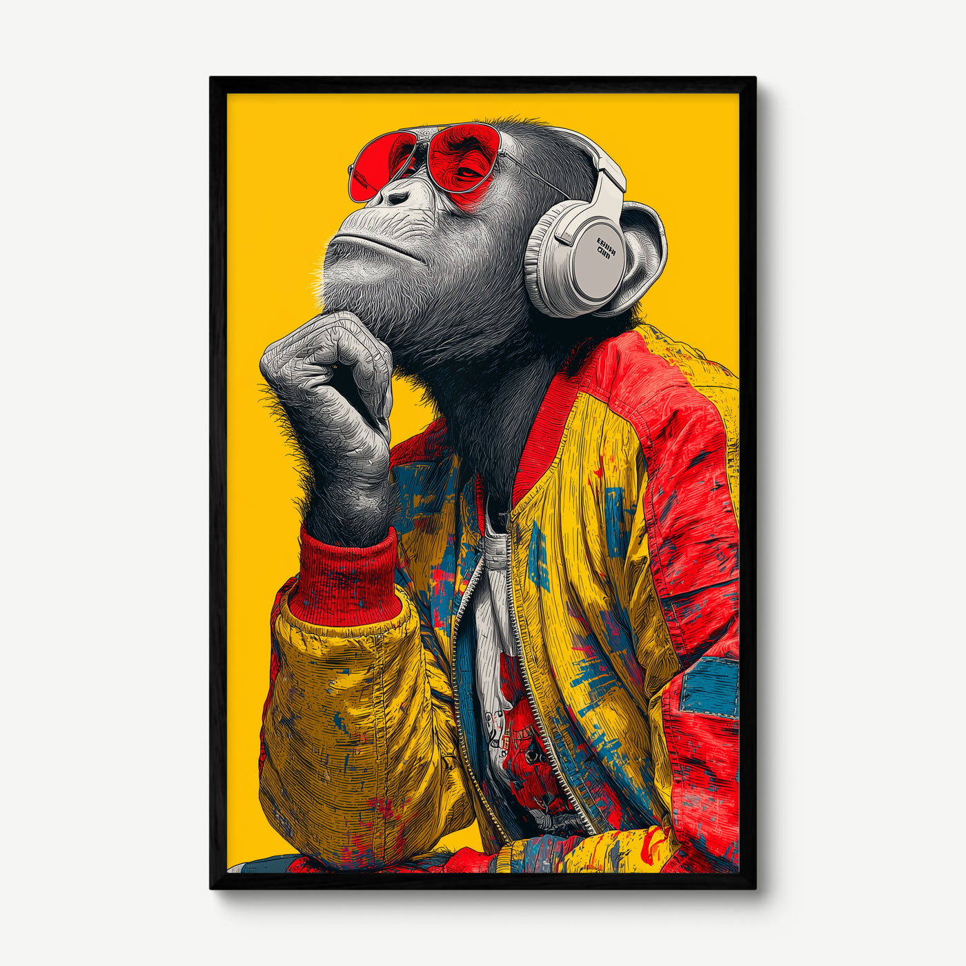 Headphone Chimp art print in a black frame