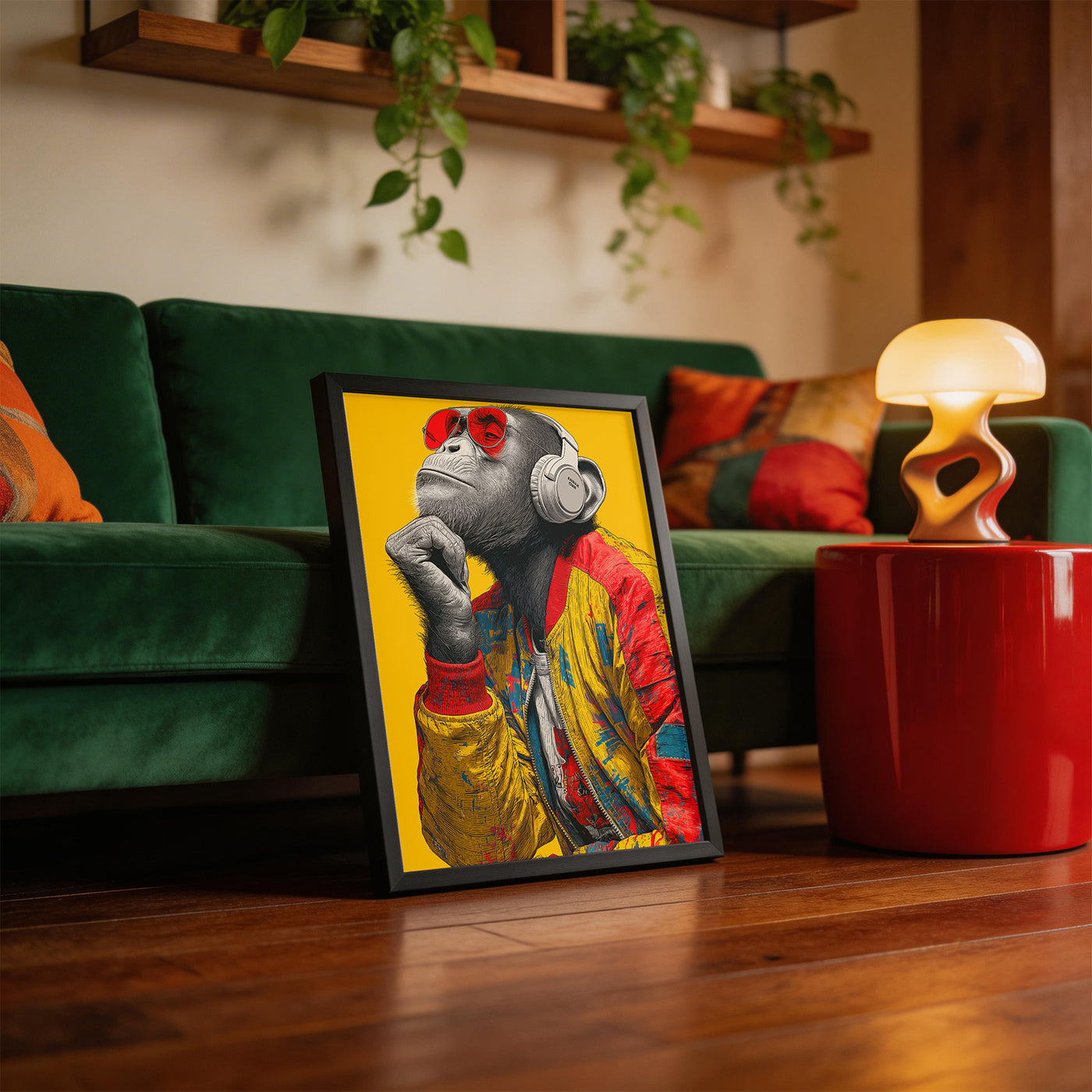Headphone Chimp framed on a wall