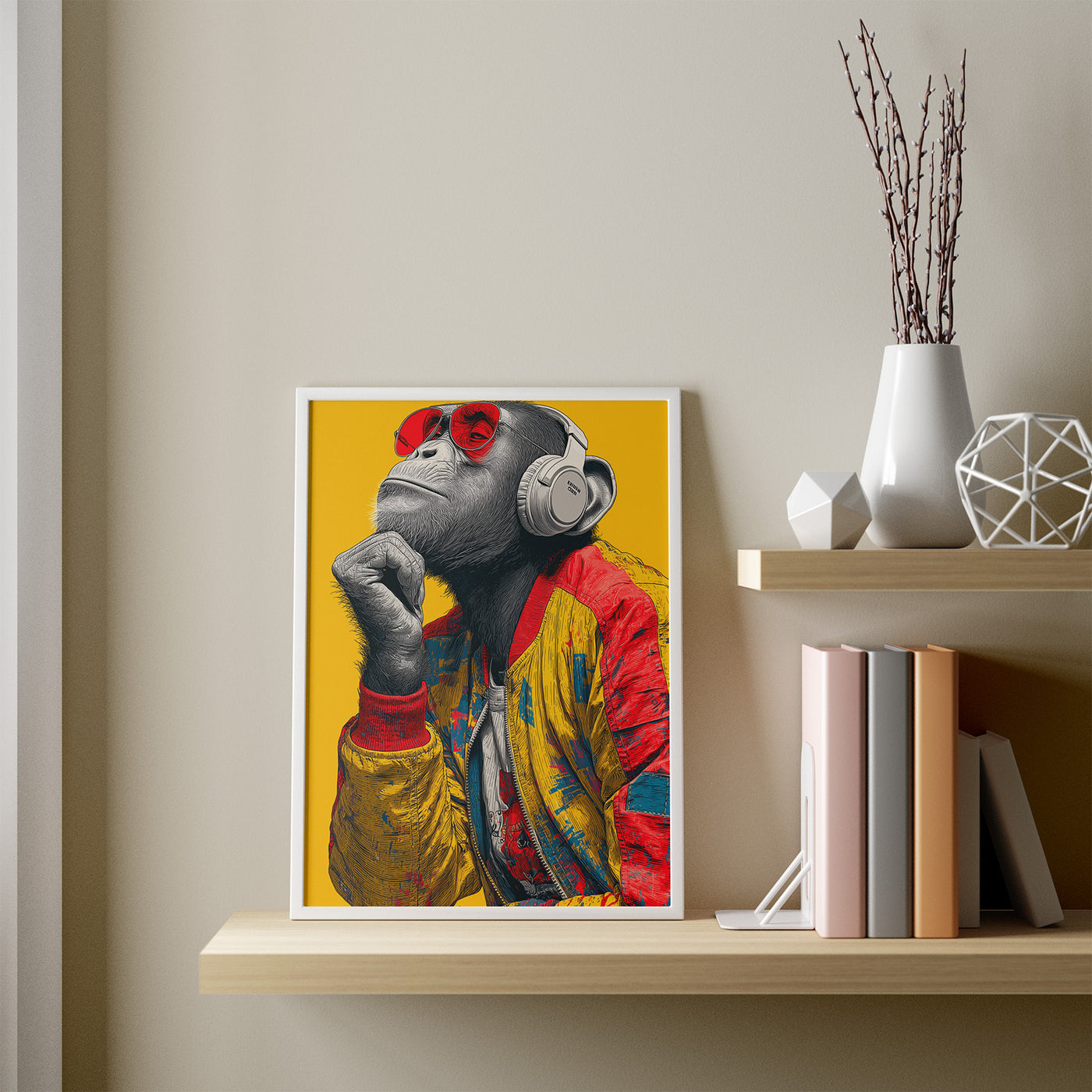 Headphone Chimp framed in a room