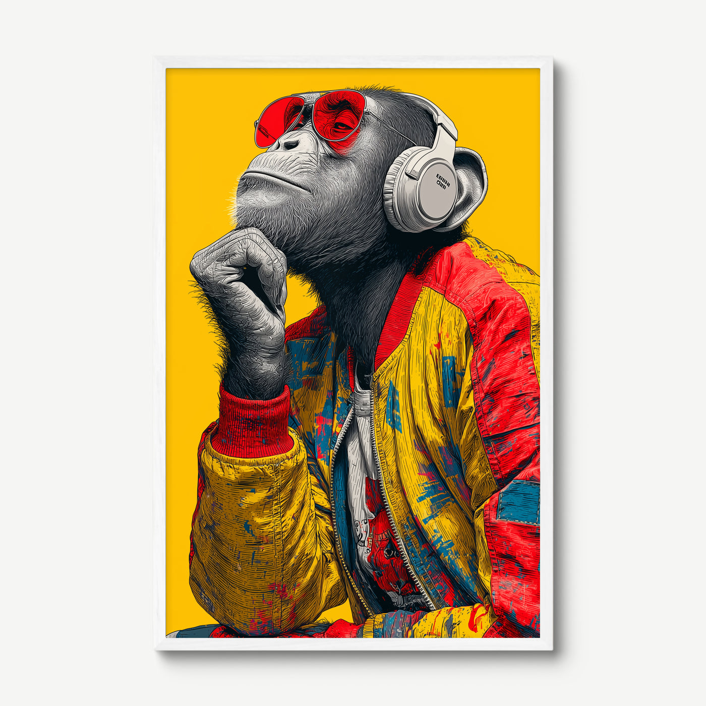 Headphone Chimp art print in a white frame