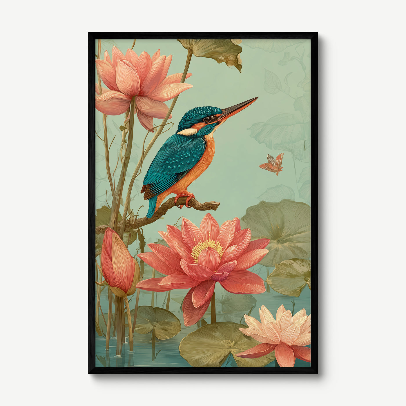 Kingfisher Among Lotus art print in a black frame