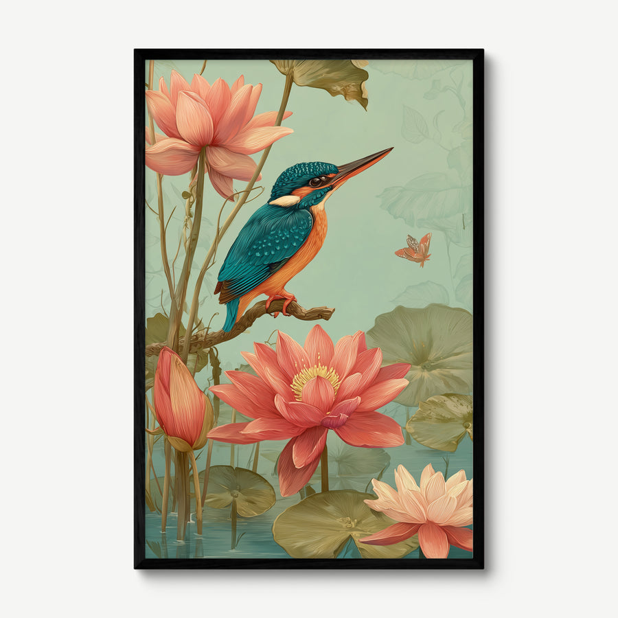 Kingfisher Among Lotus art print in a black frame