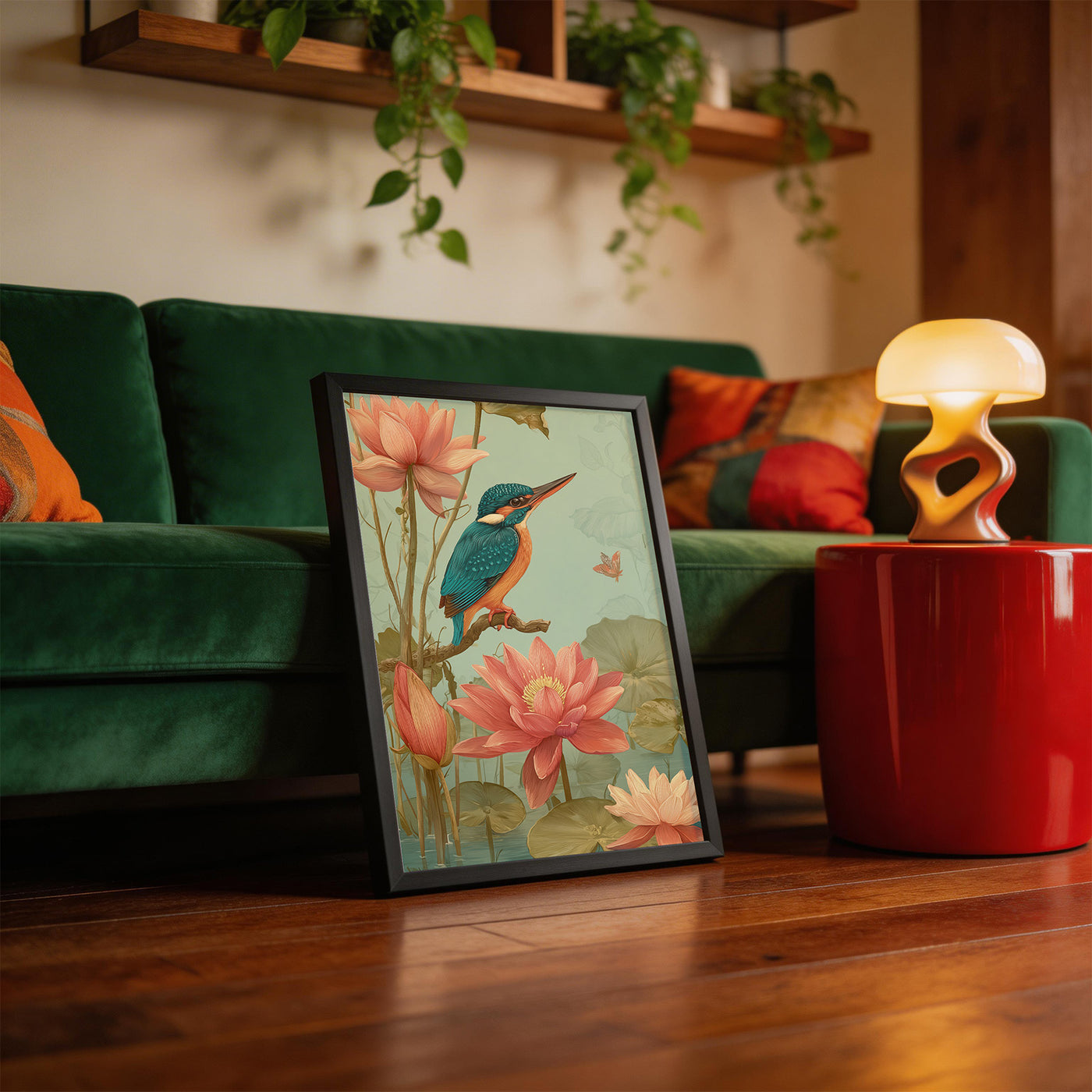 Kingfisher Among Lotus framed on a wall