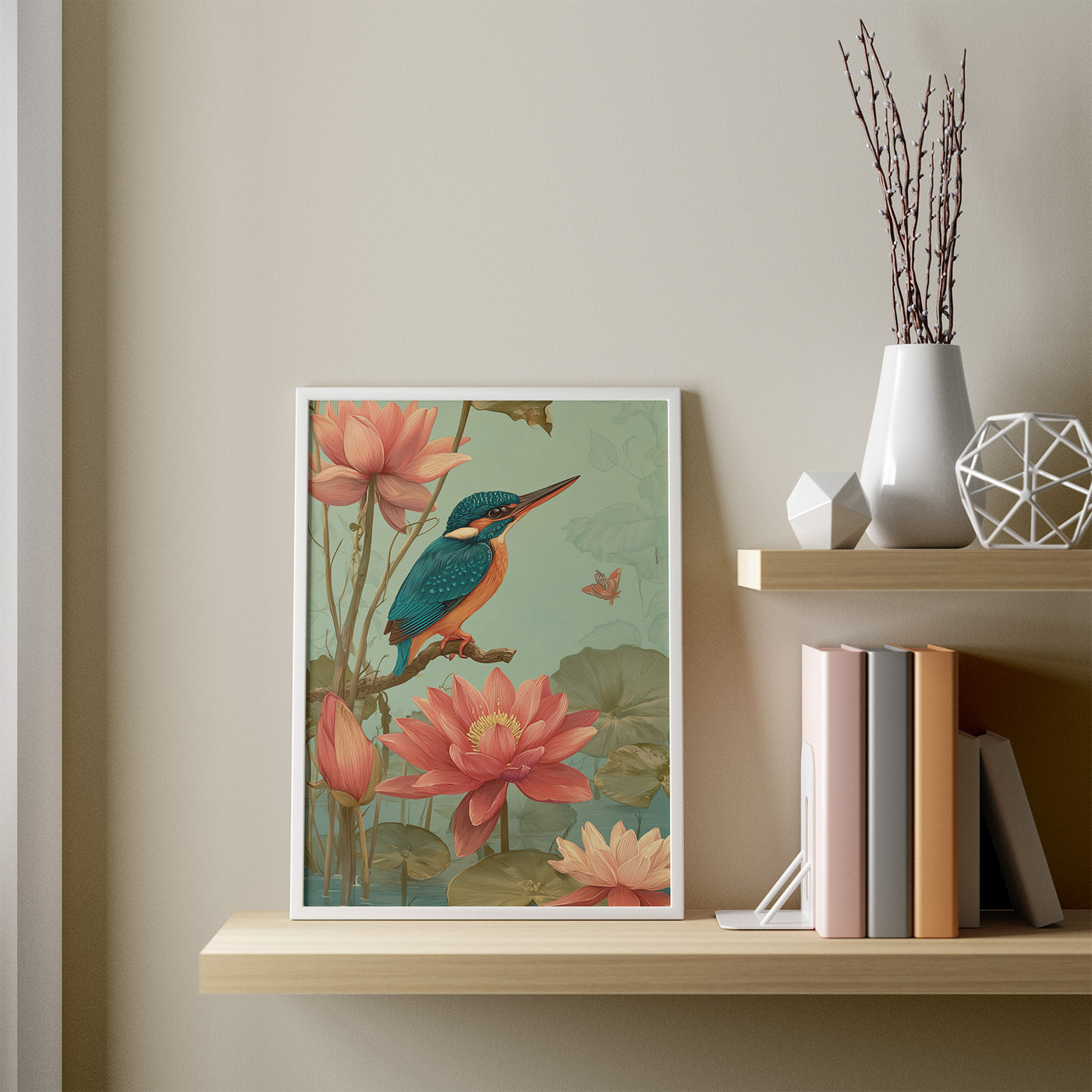 Kingfisher Among Lotus framed in a room