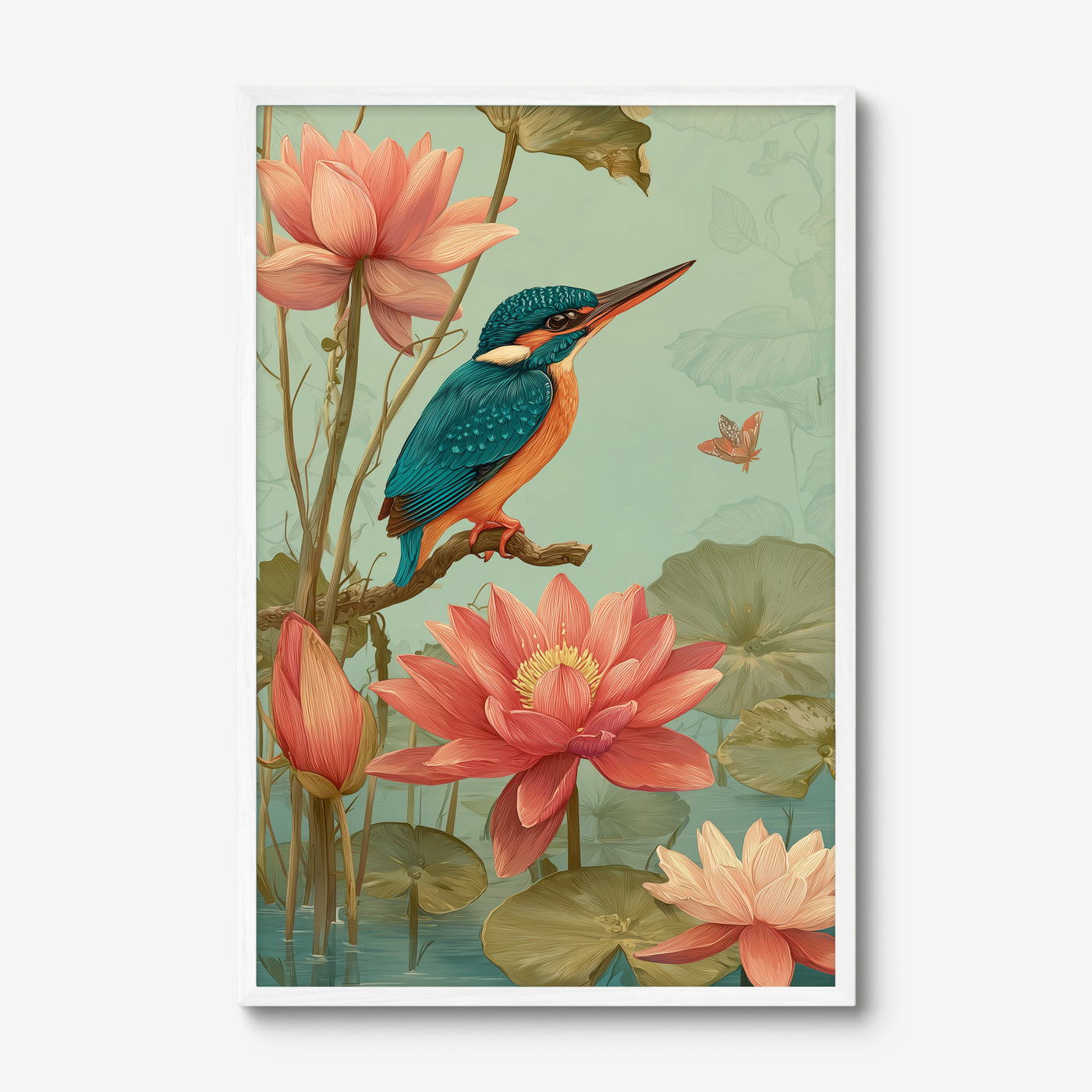 Kingfisher Among Lotus art print in a white frame