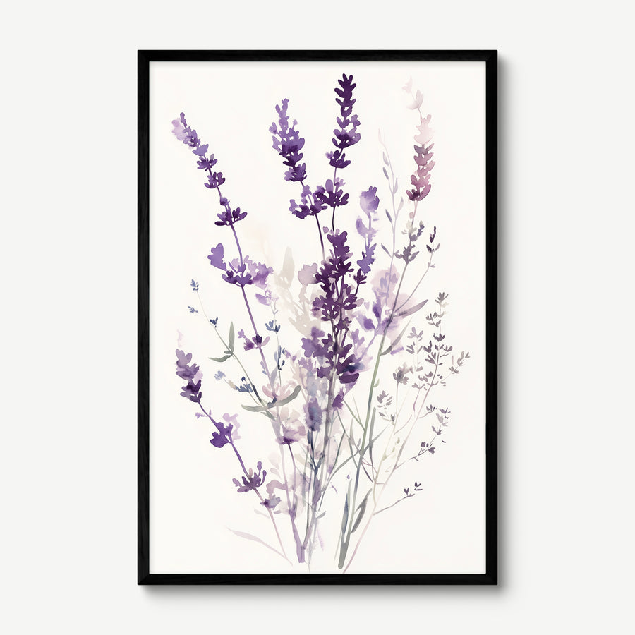 Lavender Watercolour art print in a black frame