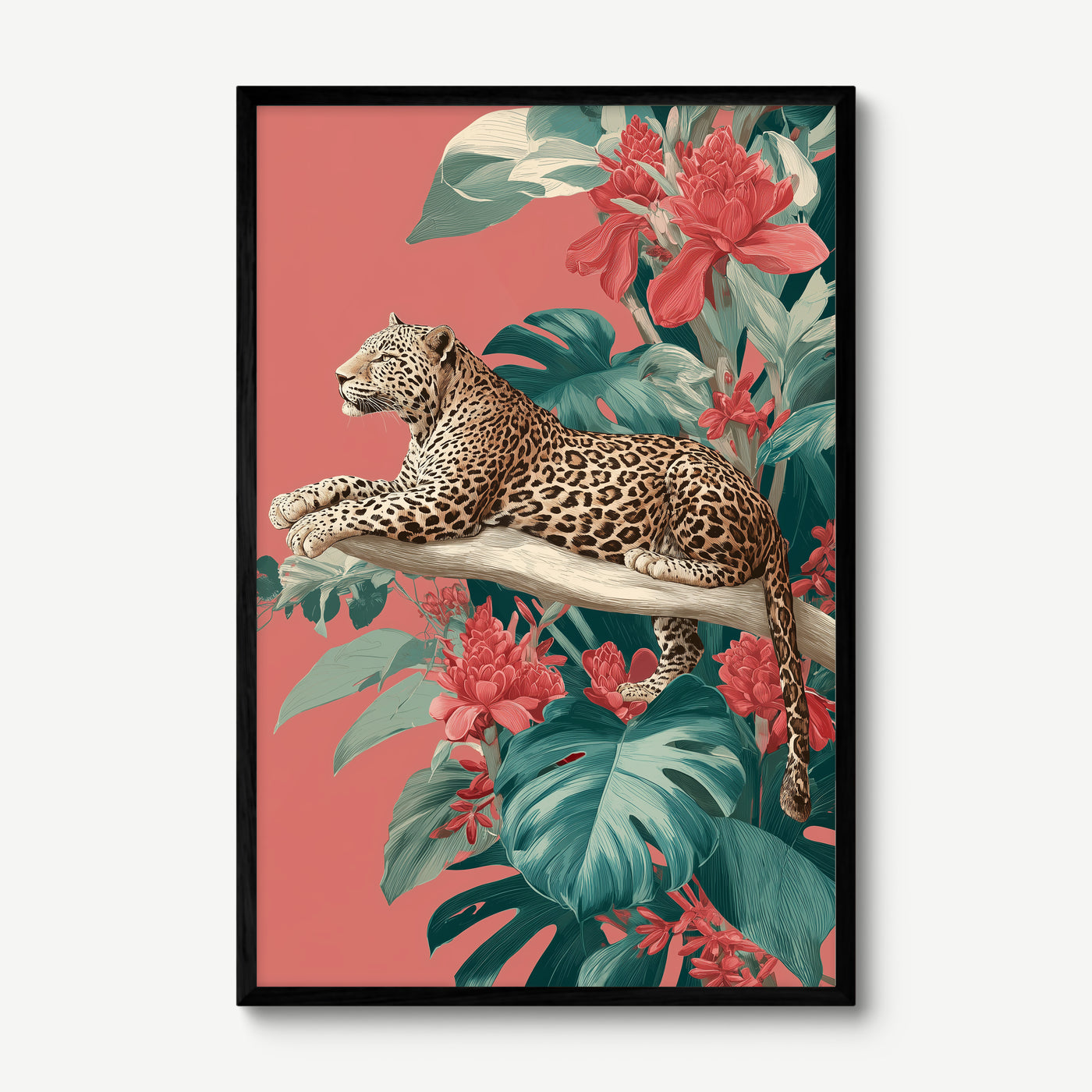 Leopard on Coral Branch art print in a black frame