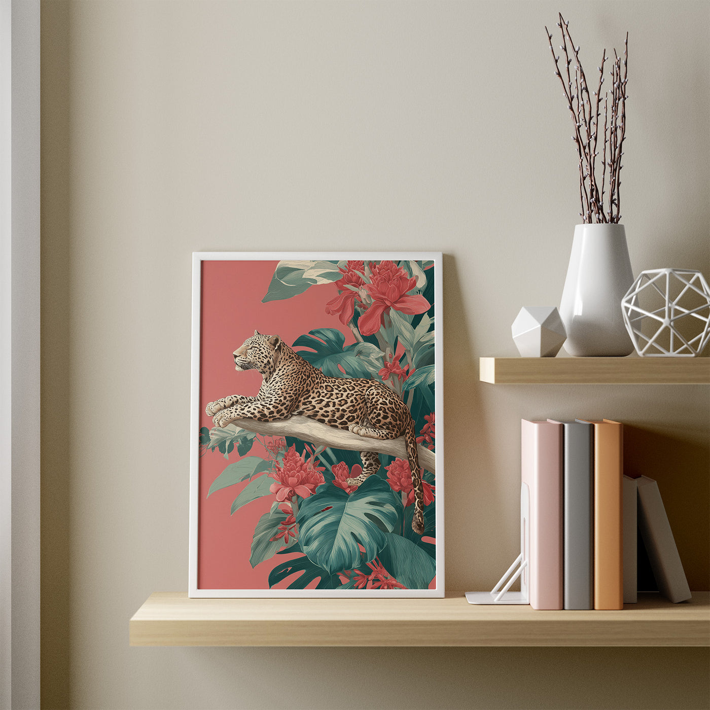 Leopard on Coral Branch framed in a room