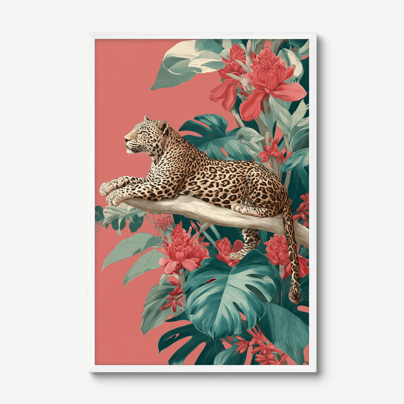 Leopard on Coral Branch art print in a white frame