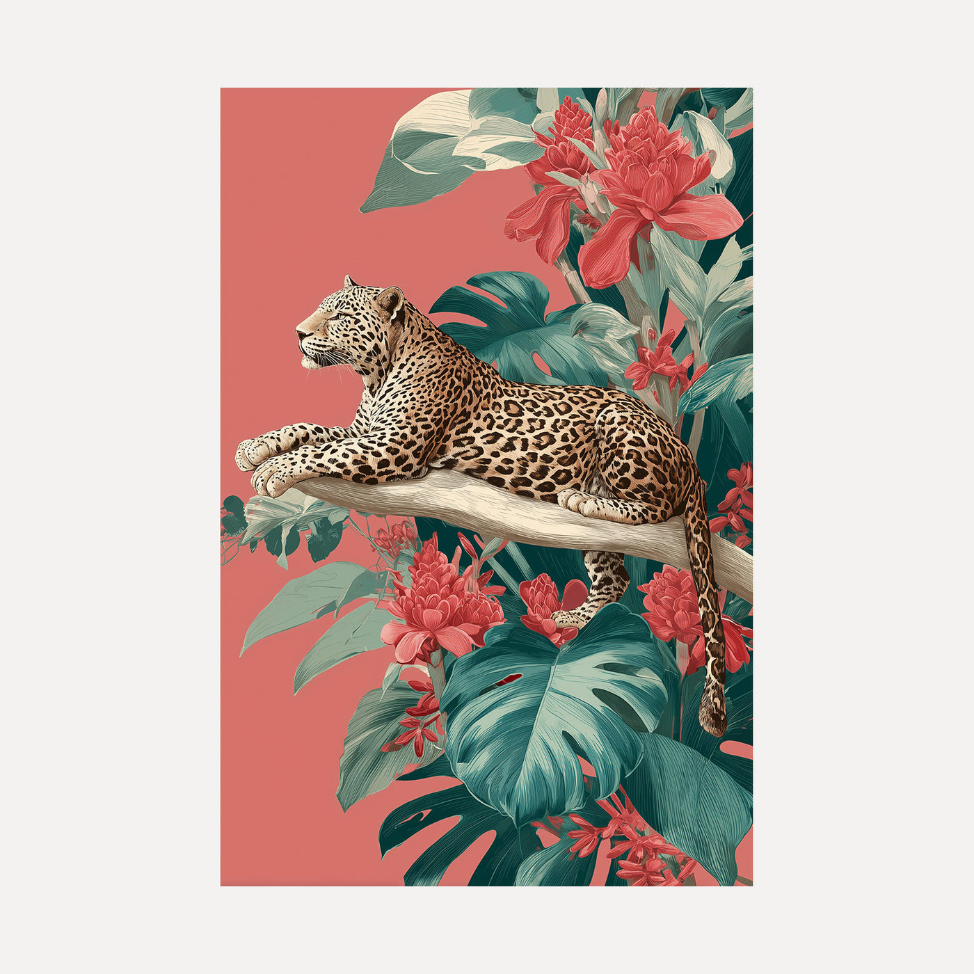Leopard on Coral Branch unframed art print
