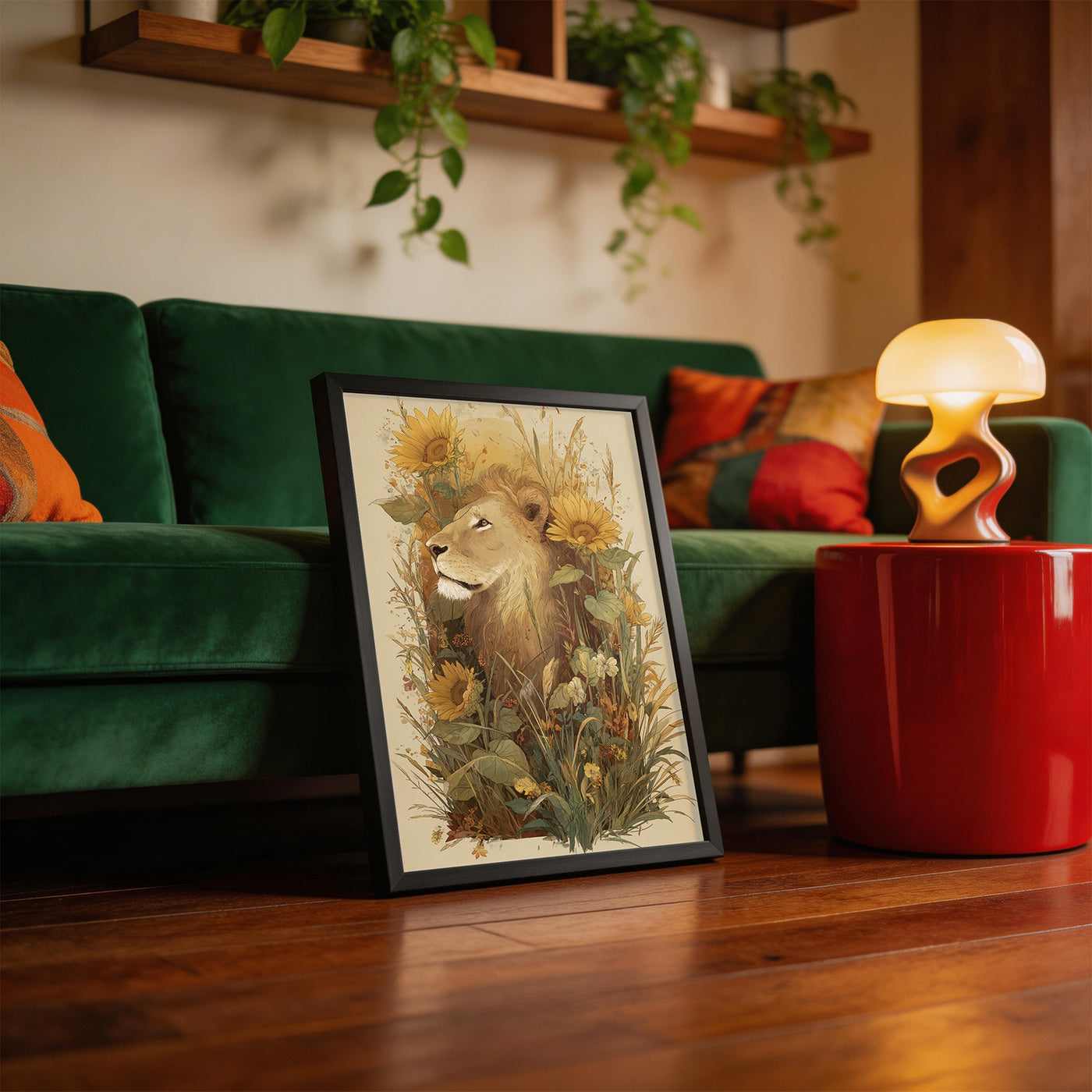Lion Among Sunflowers framed on a wall