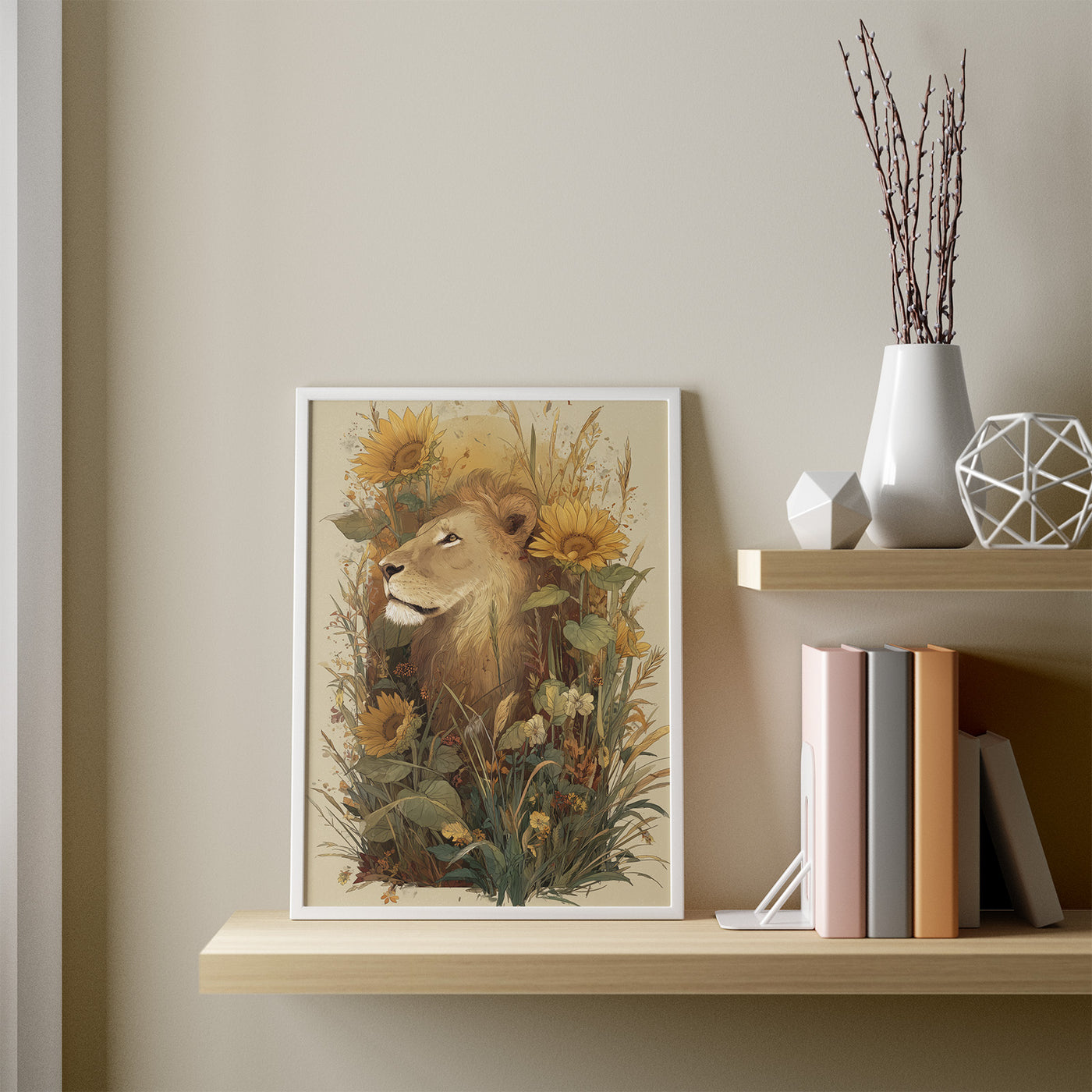 Lion Among Sunflowers framed in a room