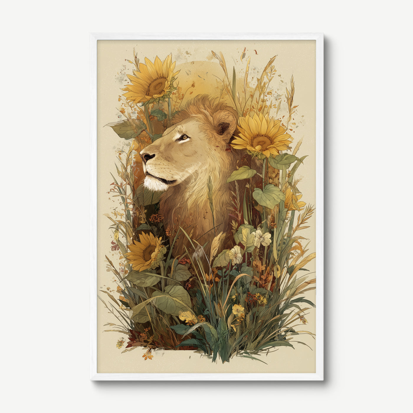 Lion Among Sunflowers art print in a white frame