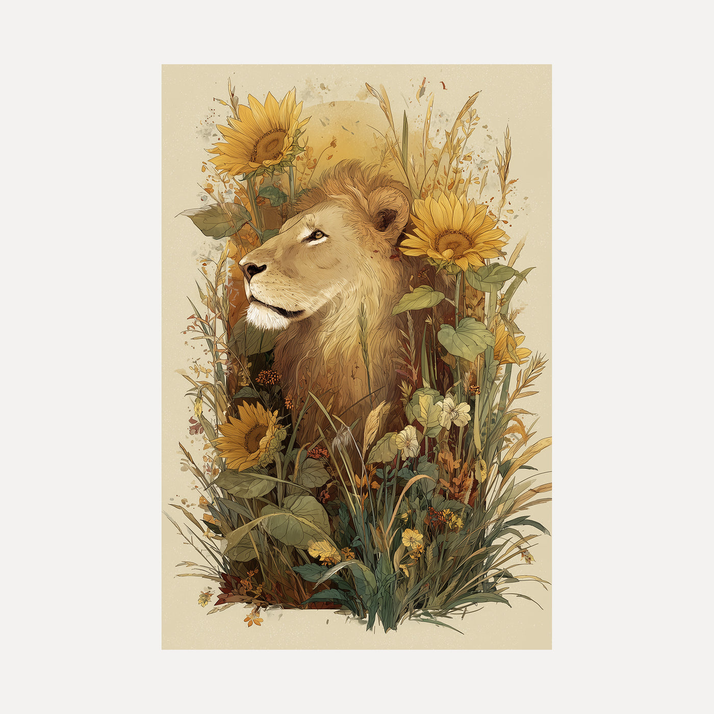 Lion Among Sunflowers unframed art print