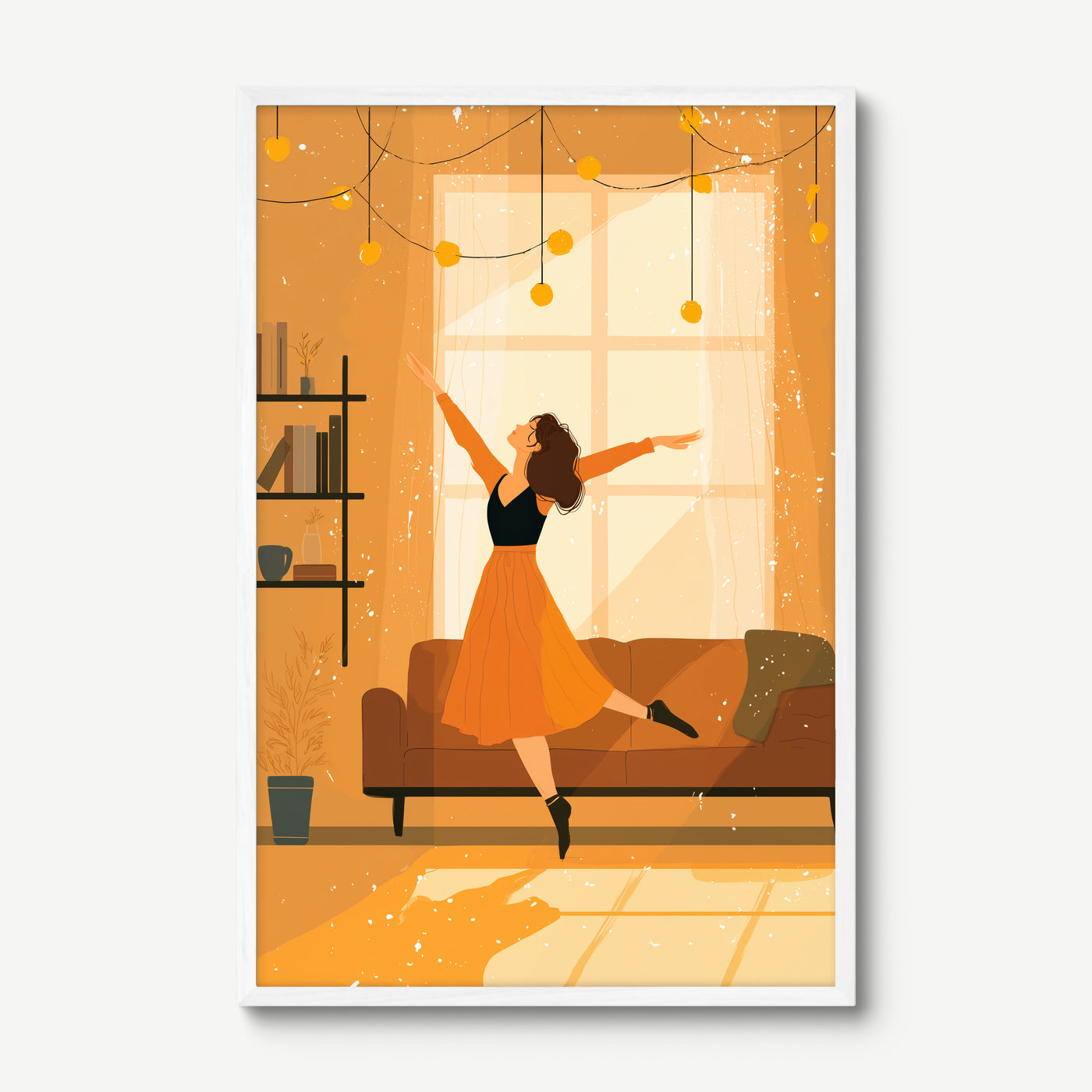 Living Room Twirl art print in a white frame