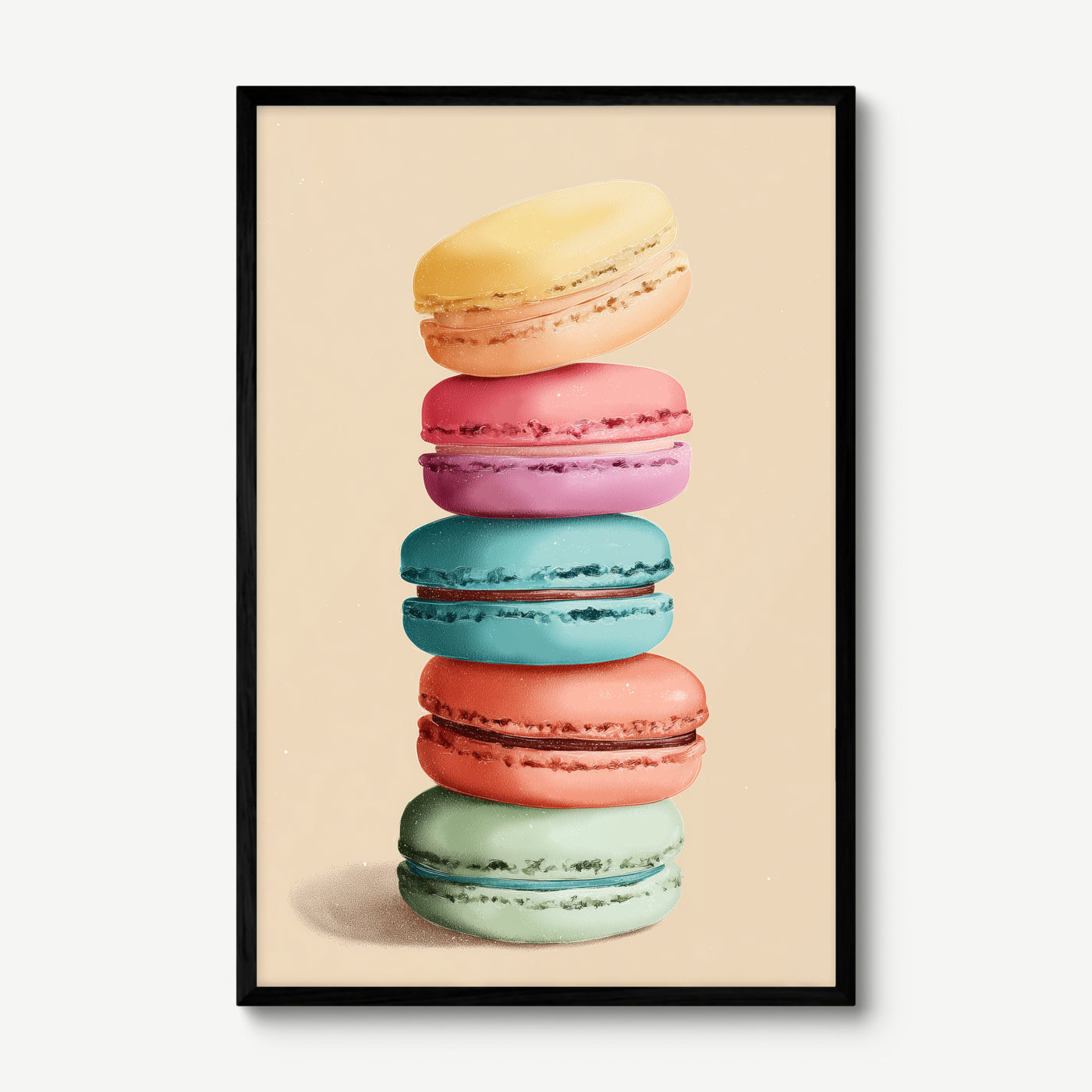Macaron Stack art print in a black frame
