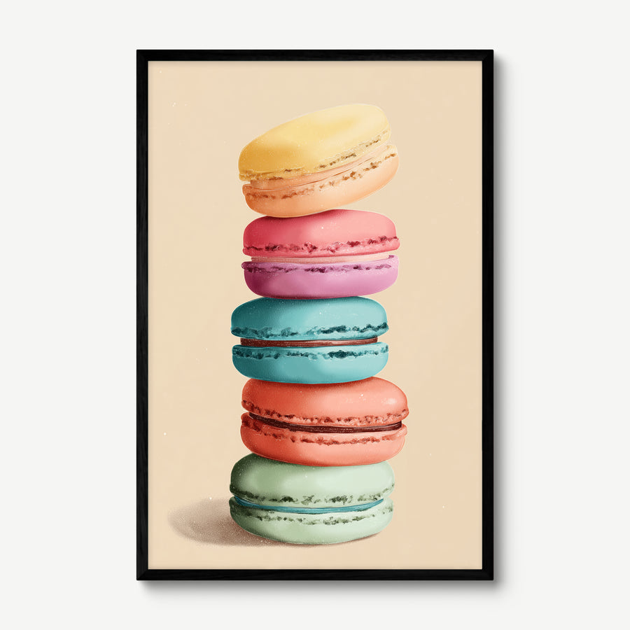 Macaron Stack art print in a black frame