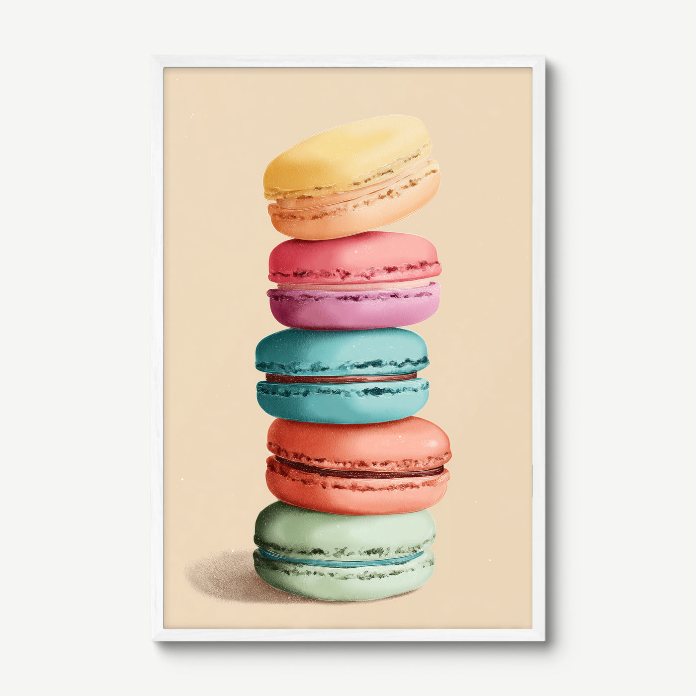 Macaron Stack art print in a white frame