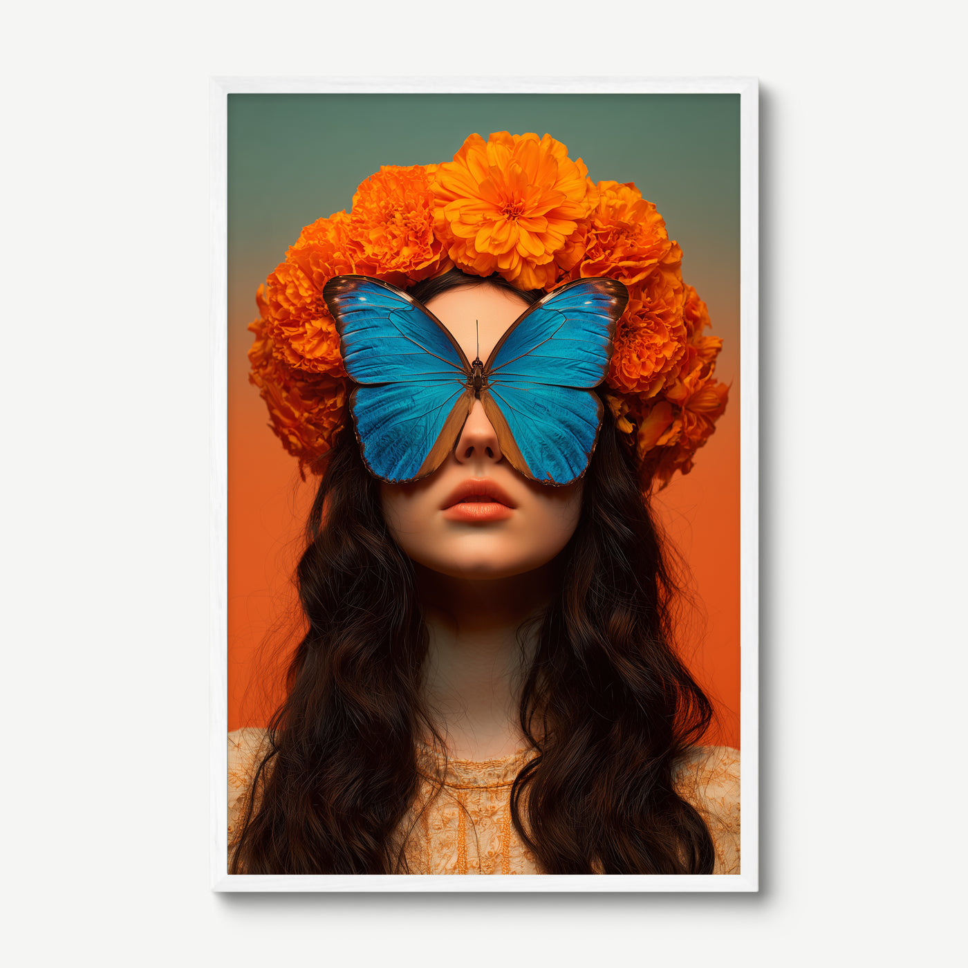 Marigold Dream art print in a white frame