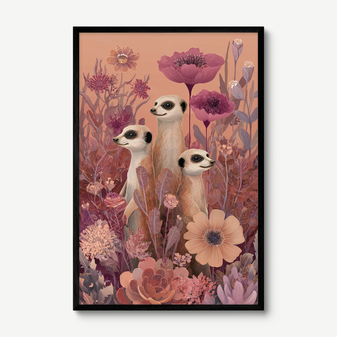 Meerkats in Bloom art print in a black frame