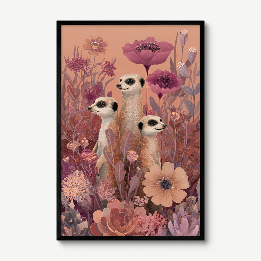 Meerkats in Bloom art print in a black frame