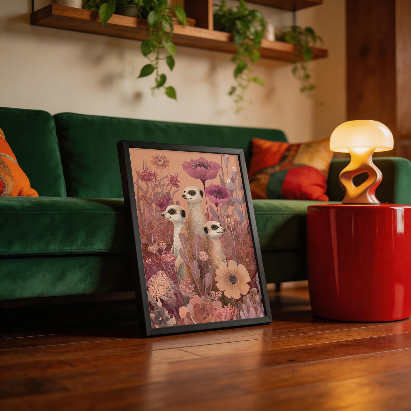 Meerkats in Bloom framed on a wall