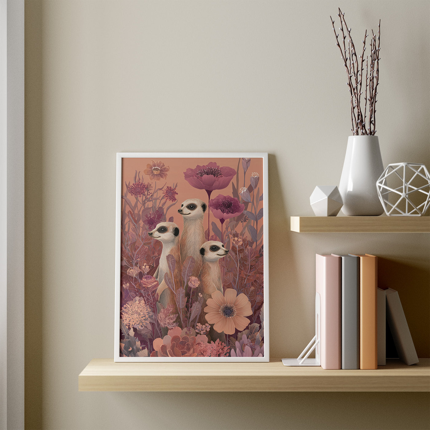 Meerkats in Bloom framed in a room