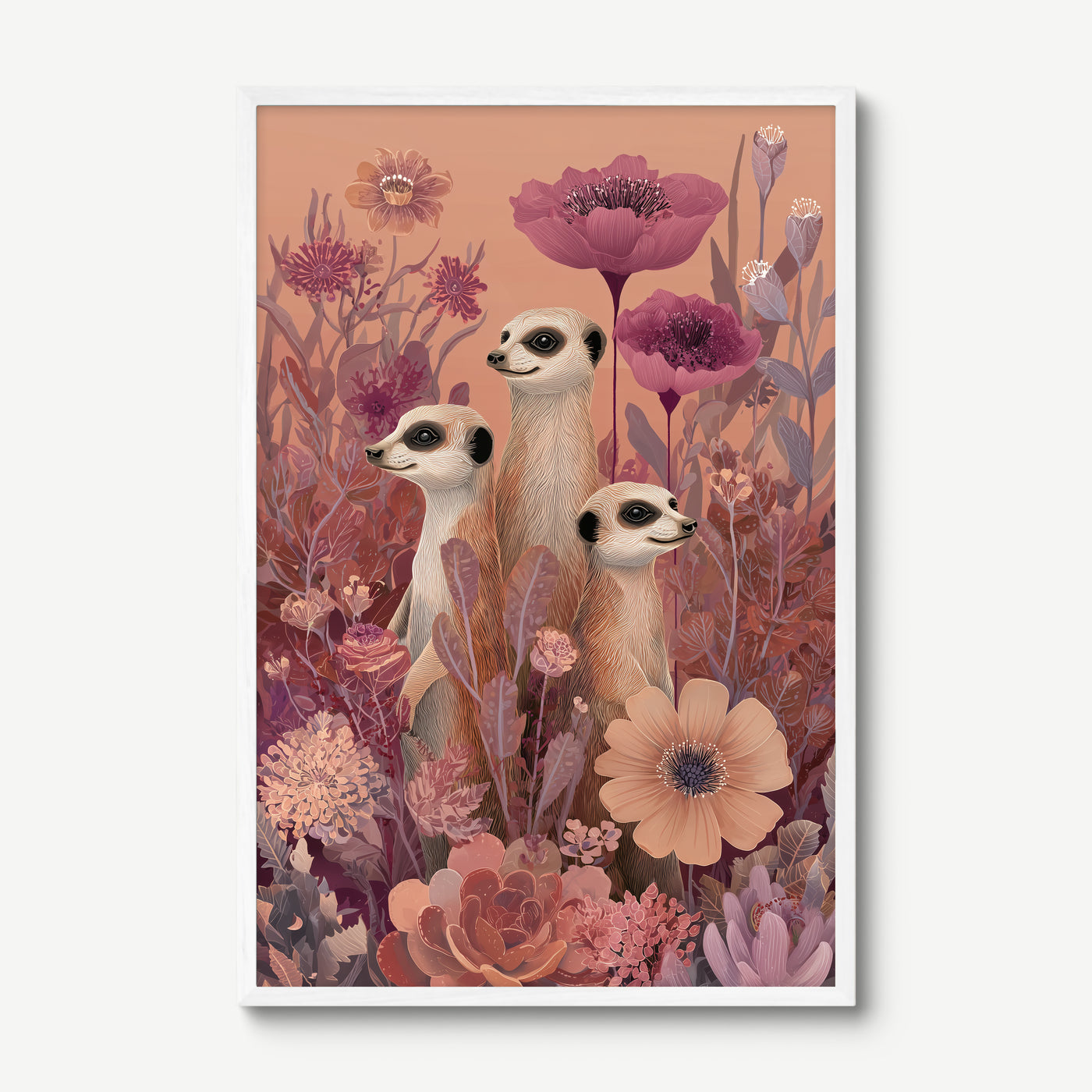 Meerkats in Bloom art print in a white frame