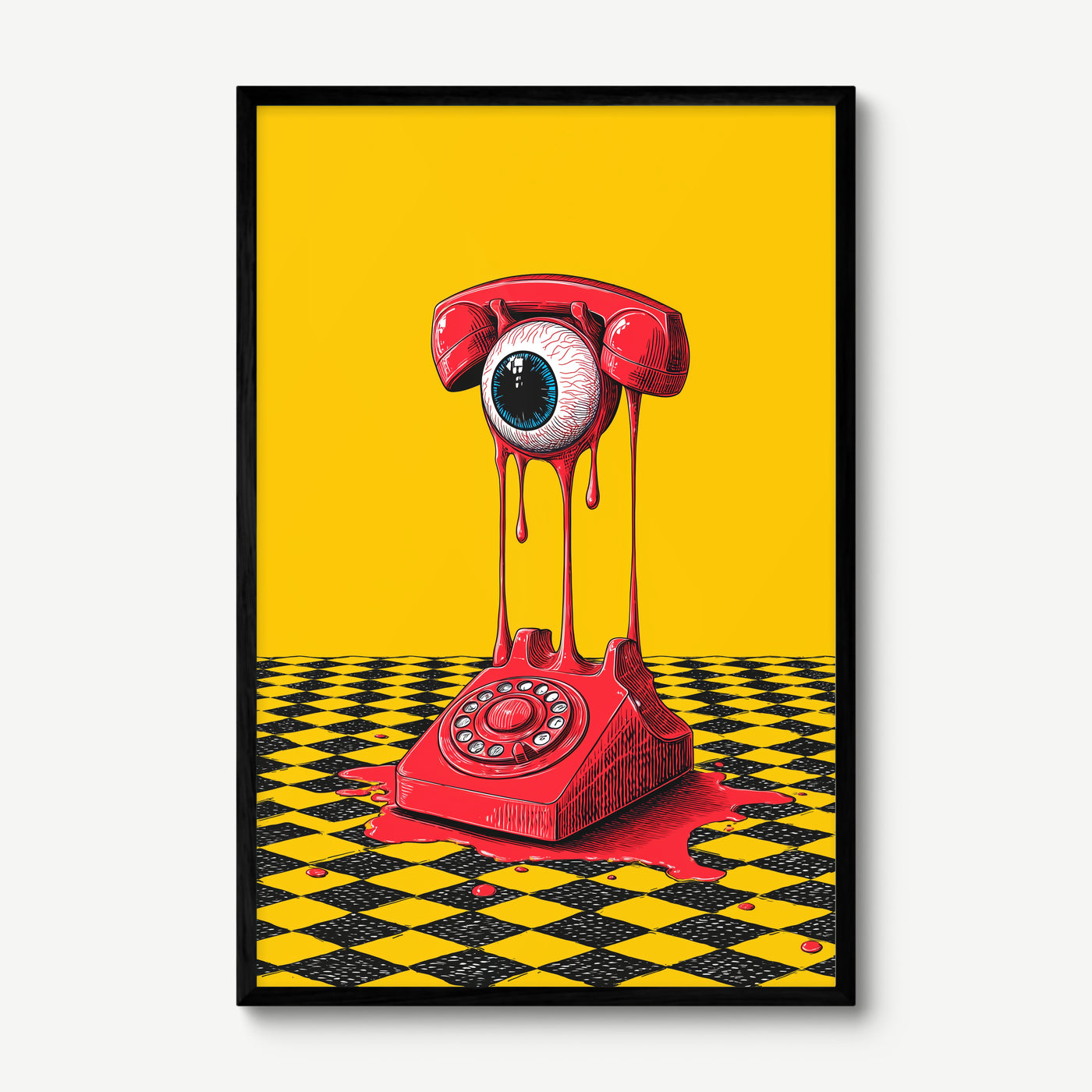 Melting Phone art print in a black frame