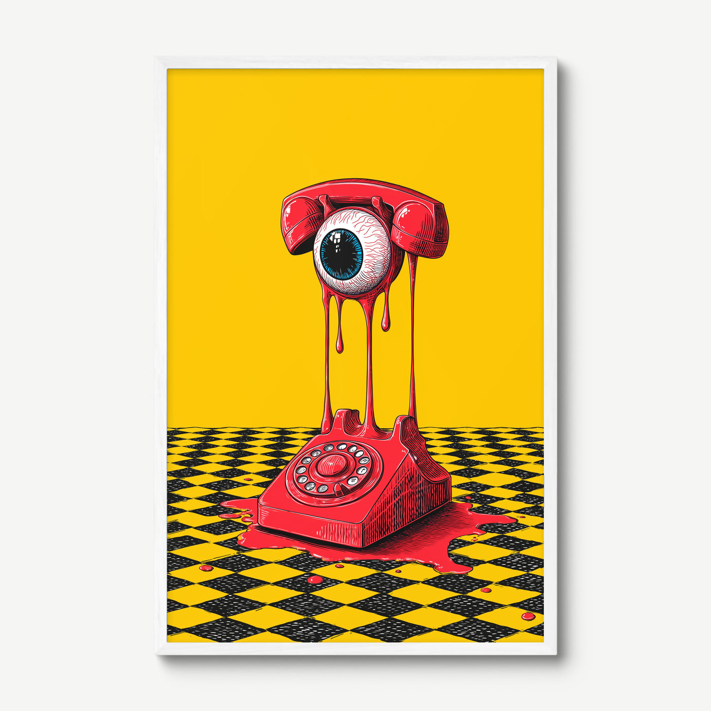 Melting Phone art print in a white frame