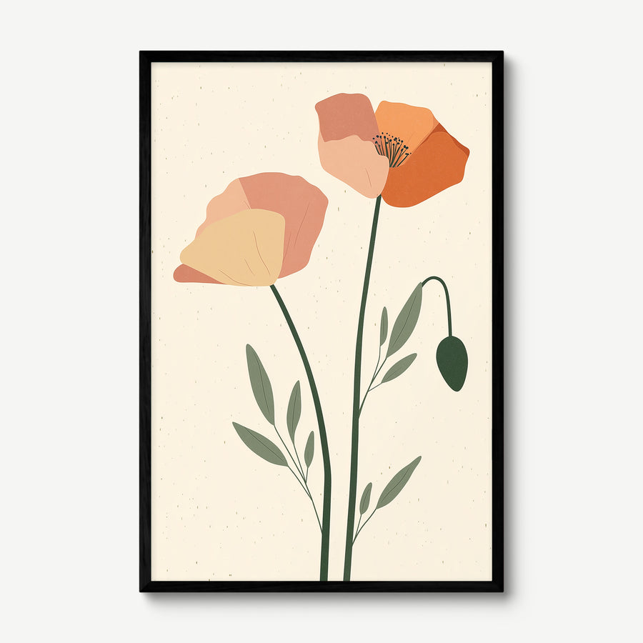 Minimal Poppy Stems art print in a black frame