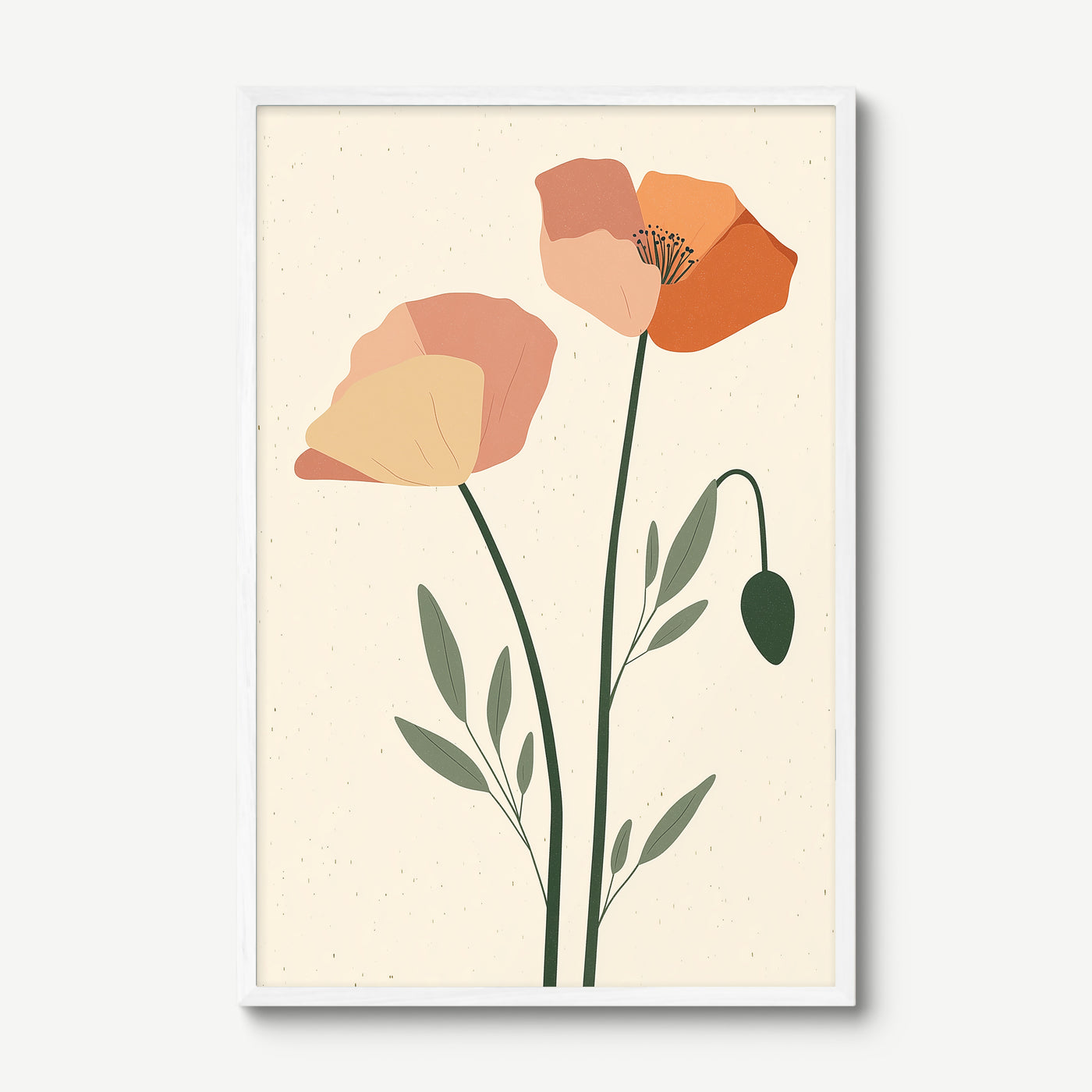 Minimal Poppy Stems art print in a white frame