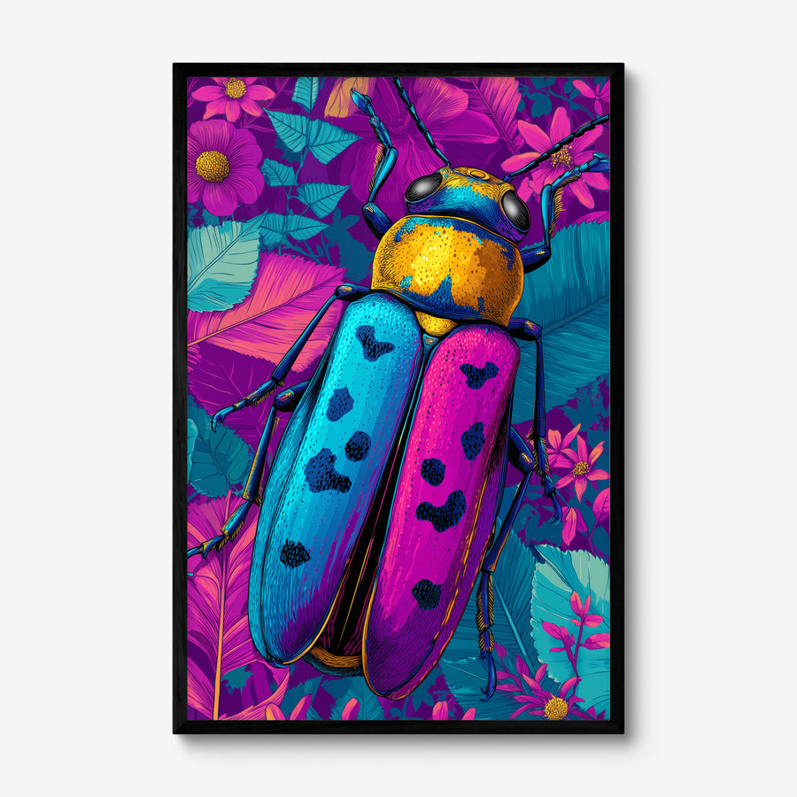 Neon Beetle art print in a black frame