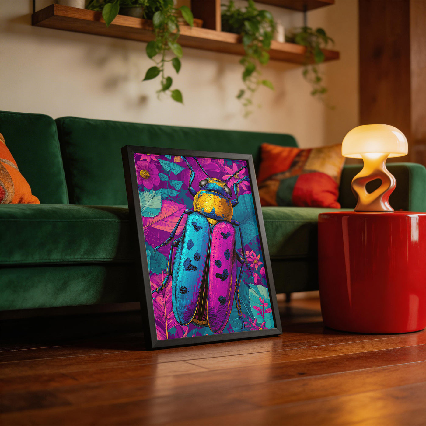 Neon Beetle framed on a wall