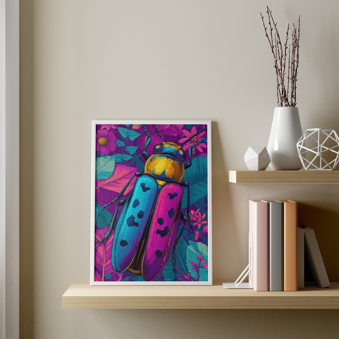 Neon Beetle framed in a room