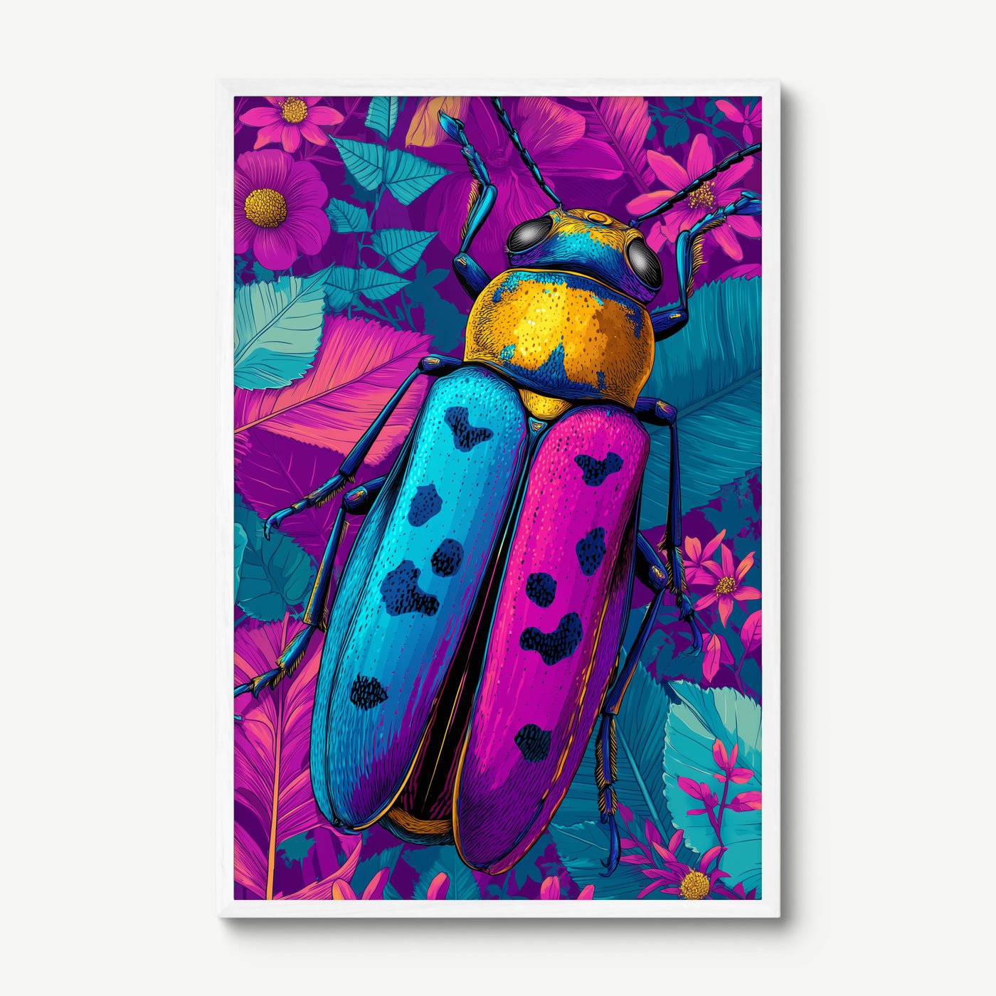 Neon Beetle art print in a white frame
