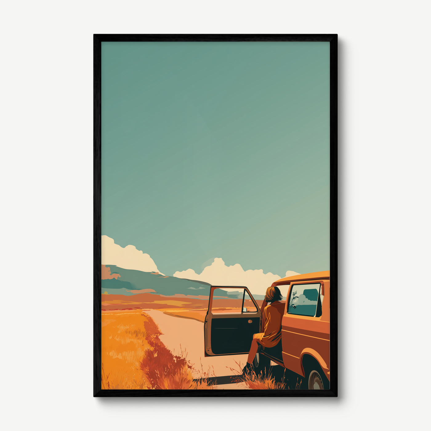 Open Road Teal Sky art print in a black frame