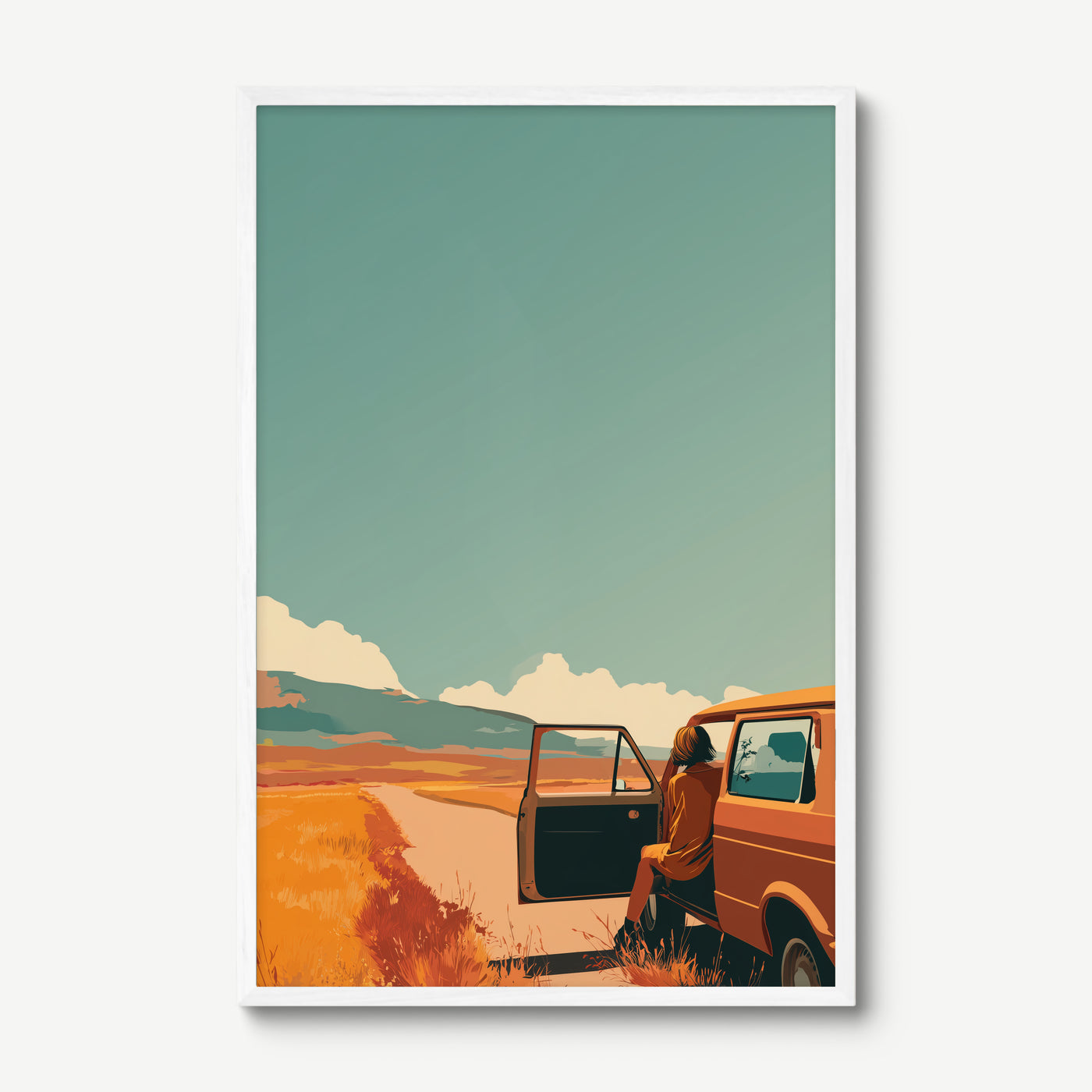 Open Road Teal Sky art print in a white frame
