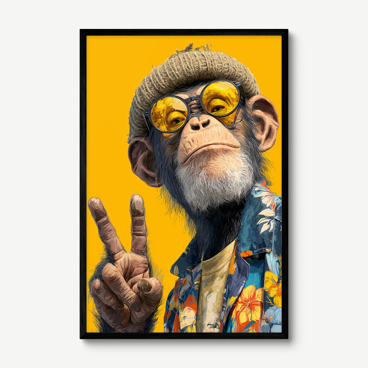 Peace Chimp art print in a black frame