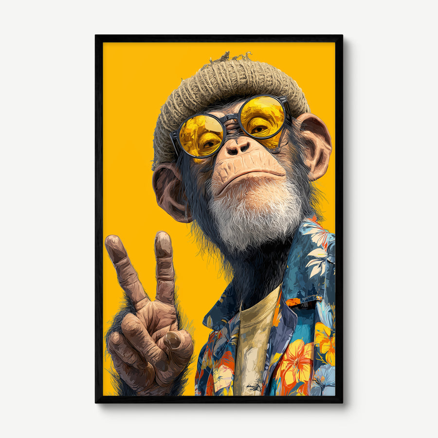 Peace Chimp art print in a black frame