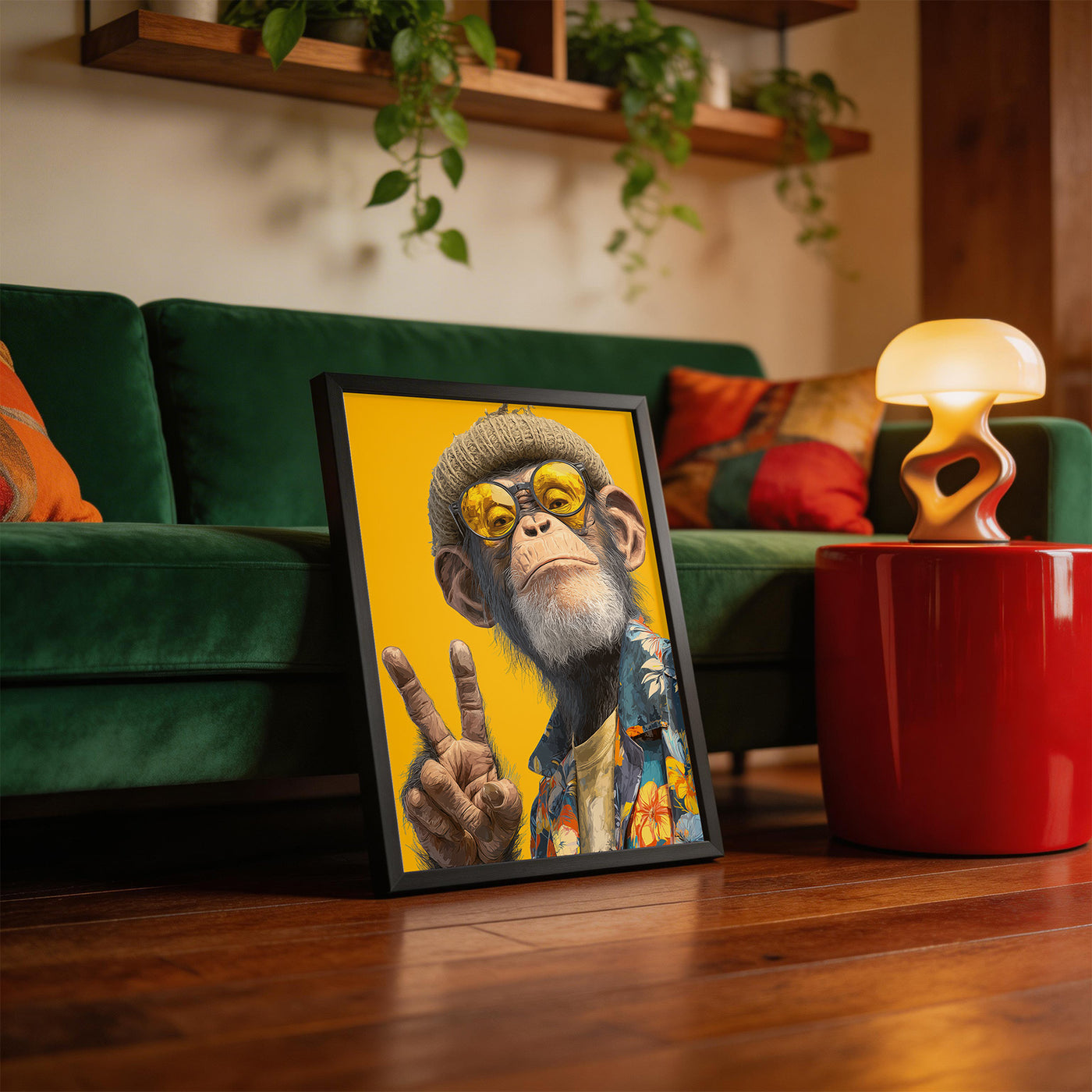 Peace Chimp framed on a wall