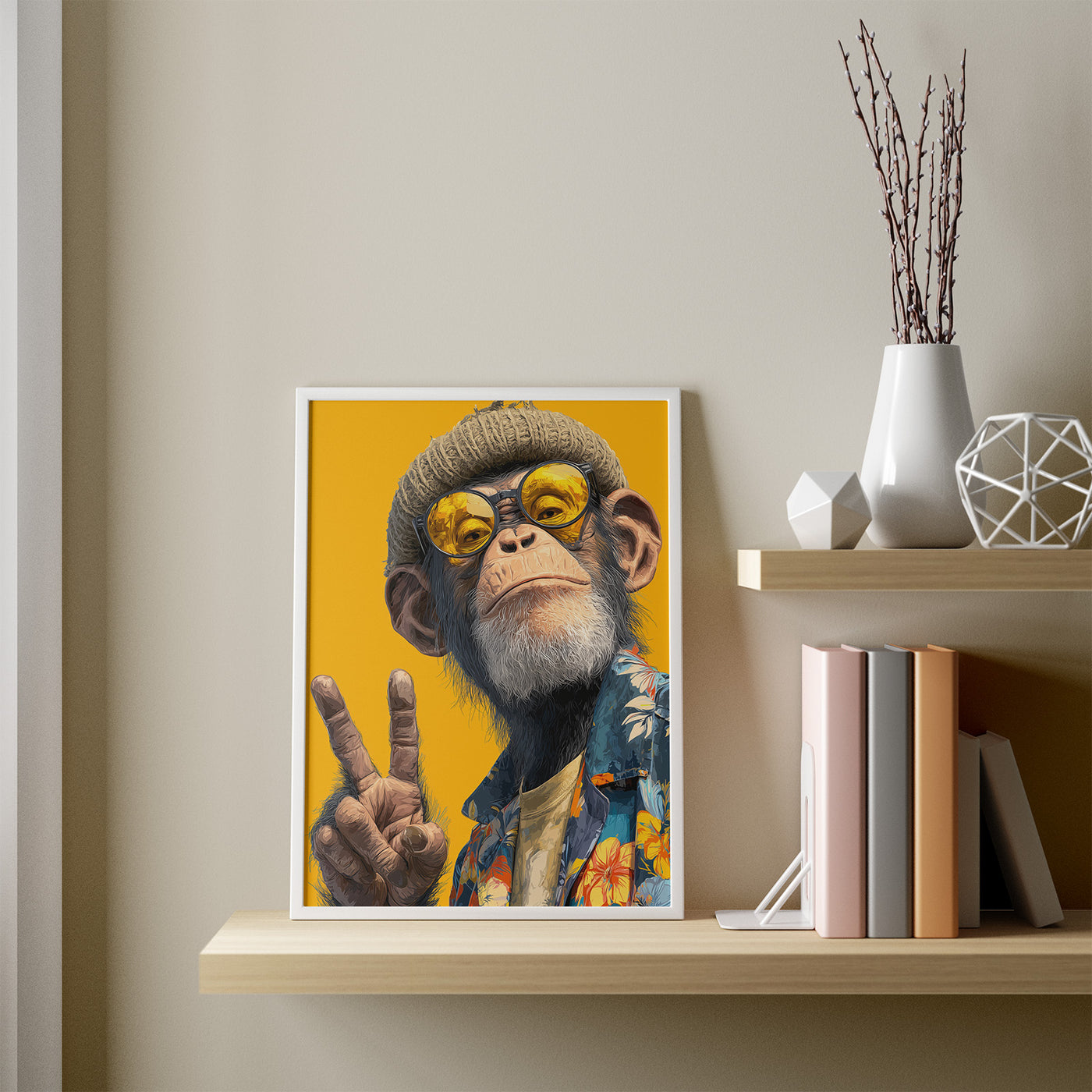 Peace Chimp framed in a room
