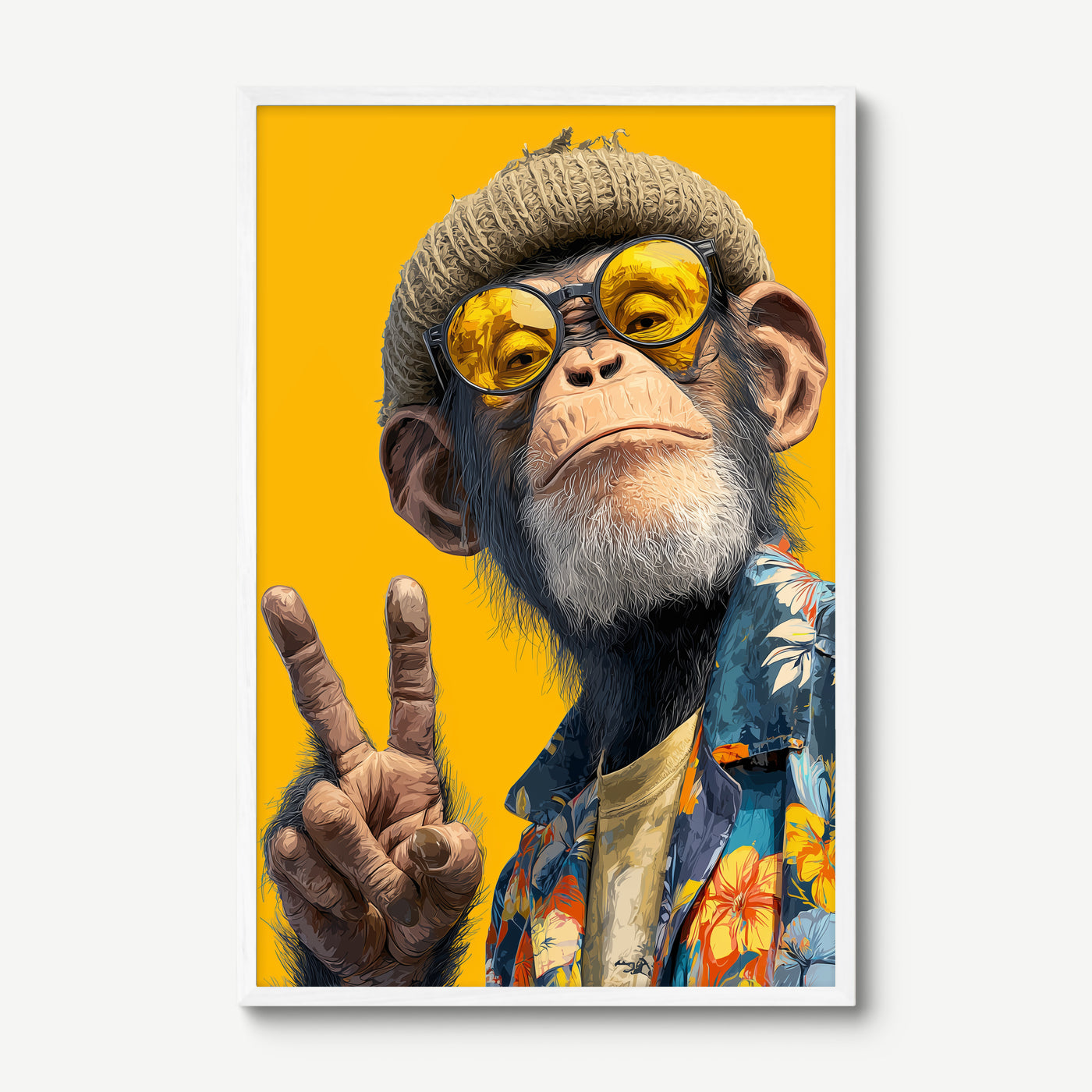 Peace Chimp art print in a white frame