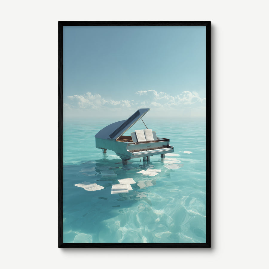 Piano in Turquoise Sea art print in a black frame