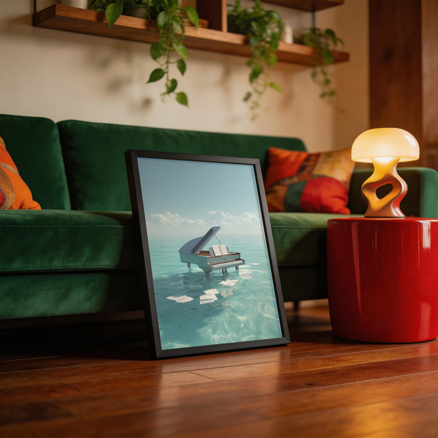 Piano in Turquoise Sea framed on a wall