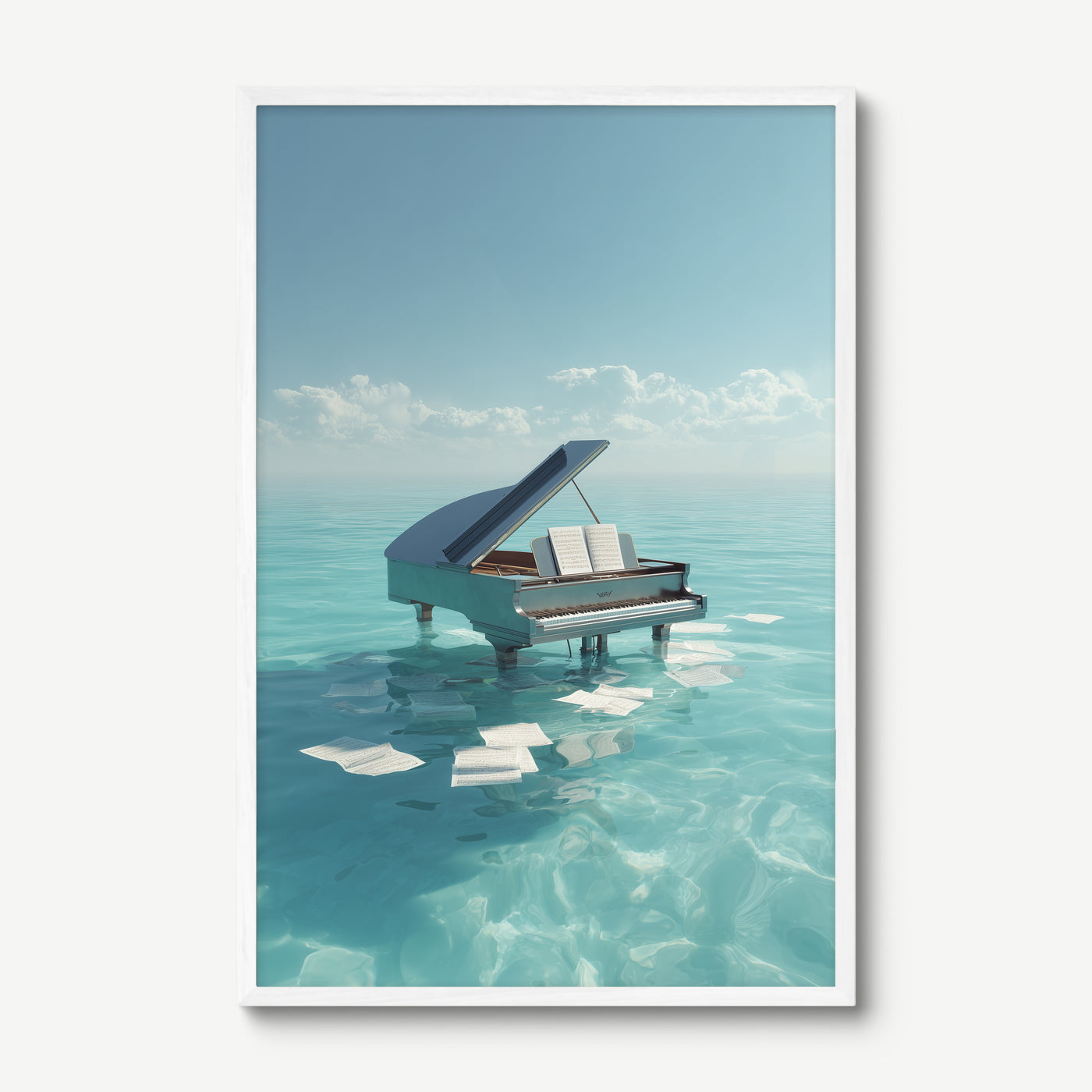 Piano in Turquoise Sea art print in a white frame
