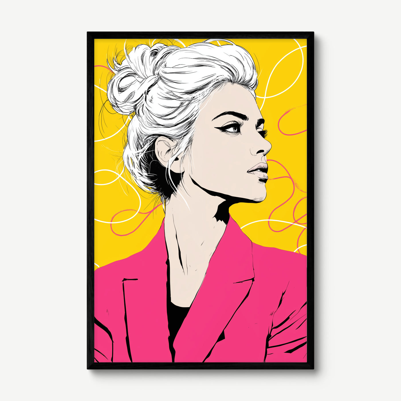 Pink Blazer art print in a black frame